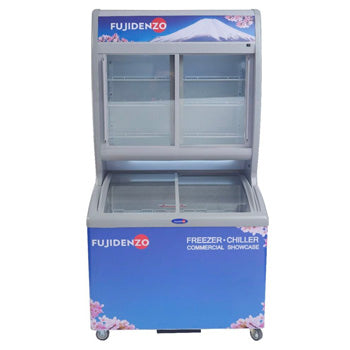 Fujidenzo Stacked 15 cu. ft. Glass Showcase and 10 cu. ft. Curved Glass (Dual Function - Freezer or Chiller) | Model: SUC-150 ADF
