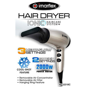 Imarflex Hair Dryer Ionic Hair Care System 2000W with Cool-Shot Feature, 2 Speed Setting and 3 Heat Flow Setting | Model: HD-2210C