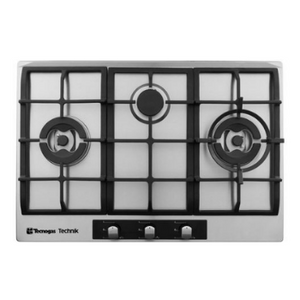 Tecnogas 75cm Stainless Steel Built-in Hob (3 Gas Burners, Cast Iron Pan Support, Wok Stand, Safety Valves, Stainless Steel 304) | Model: TBH7530CSS